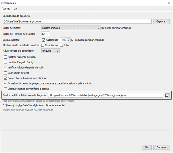 ide arduino gestor urls tarjetas
