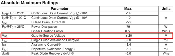 05 voltaje máximo entre la compuerta y fuente MOSFET